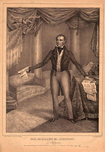 "Col. Richard M. Johnson, of Kentucky," lithograph by A.A. Hoffay, published by Dorival Lithographers (New York, 1833). Courtesy of the American Antiquarian Society, Worcester, Massachusetts. Johnson holds papers in his right hand labeled "Sunday Mail Reports" and among those under his left hand are "Rights of Conscience Liberty of Speech and Freedom of the Press."