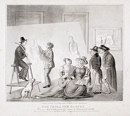 "The Trollope Family: From a Sketch Taken from Life, Made in Cincinnati in 1829," lithograph after David Claypoole Johnston, published by Childs & Inman, lithographers (Philadelphia, 1832). Courtesy of the American Antiquarian Society, Worcester, Massachusetts. Mrs. Trollope sits at front with an open book and pen in her hands.