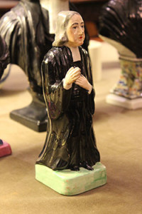 2. John Wesley figurine, mid-19th century. Painted lead glazed pearlware. Possibly Minton (Minton design books contain similar designs). Molds were often copied and shared among Staffordshire potteries. Courtesy Wesleyan University Library, Special Collections & Archives. Photo by the author.