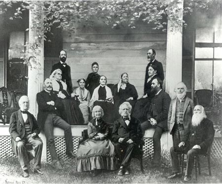 Abolitionist group at Lucy Stone's house, undated. Picture includes: Samuel May, William Lloyd Garrison, Elizabeth B. Chase, Francis Garrison, Sarah Stone, Samuel E. Sewall, George T. Garrison, Zilpha H. Spooner, Wendell P. Garrison, Henry B. Blackwell and Theodore D. Weld. By Notman Photograph Company, Boston, Massachusetts. Photograph courtesy of the Sophia Smith Collection, Smith College, Northampton, Massachusetts. Author's note: The reference to William Lloyd Garrison in this citation is probably to his son William Lloyd Garrison Jr.