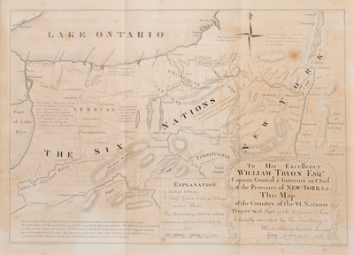 "Six Nations Map," by Guy Johnson (1771), engraving, page 1090 (vol. IV) from The Documentary History of the State of New-York, by E.B. O'Callaghan (Albany, 1851). Courtesy of the American Antiquarian Society, Worcester, Massachusetts. Click image to enlarge in new window.