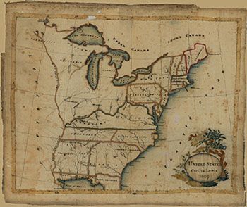1. "Map Sampler of the United States," Cecilia Lewis, United States. Silk, chenille, paint, and ink on silk (1809). Courtesy of the Wisconsin Historical Society, Madison, Wisconsin. Click image to enlarge in new window.