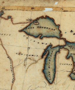 1b. Detail, Cecilia Lewis map sampler. Region encompassing the present day states of Michigan, Wisconsin, and Minnesota with named Native American tribes: "Nadowessis," "Chipawas," "Outigamis," and "Utawas."