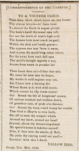 1. A reproduction of the poem itself. Yellow Bird, "To a Thunder Cloud," Arkansas State Gazette, page 2 (January 9, 1847). Courtesy of the American Antiquarian Society, Worcester, Massachusetts.