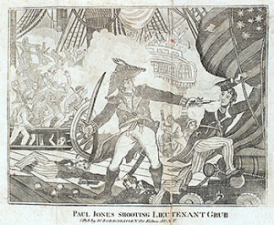 4. "Paul Jones Shooting Lieutenant Grub," frontispiece to George Sinclair, The Interesting Life, Travels, Voyages, and Daring Engagements of the Celebrated and Justly Notorious Pirate, Paul Jones: Containing Numerous Anecdotes of Undaunted Courage, in the Prosecution of his Nefarious Undertakings, published by W. Borradaile (New York, 1823). Courtesy of the American Antiquarian Society, Worcester, Massachusetts.