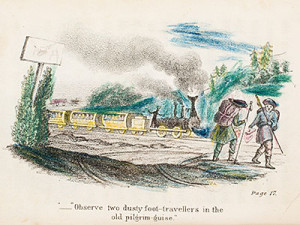 "Observe Two Dusty Foot-Travellers in the Old Pilgrim-Guise," lithograph (hand colored by a child) in A Visit to the Celestial City: Revised by the Committee of Publication of the American Sunday-School Union, by Nathaniel Hawthorne, printed by King and Baird (Philadelphia, 1844). Courtesy of the American Antiquarian Society, Worcester, Massachusetts.