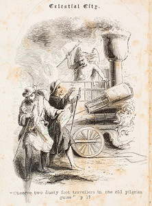 "Observe two dusty foot travellers in the old pilgrim guise," lithograph frontispiece for A Visit to the Celestial City: Revised by the Committee of Publication of the American Sunday-School Union by Nathaniel Hawthorne (Philadelphia, ca. 1844). Courtesy of the American Antiquarian Society, Worcester, Massachusetts.