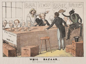 "Whig Bazaar," hand colored lithograph by Edward Williams Clay, published by H.R. Robinson (New York, 1837). Courtesy of the Political Cartoon Collection, American Antiquarian Society, Worcester, Massachusetts.