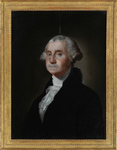 1. Chinese artist, Portrait of George Washington, after a portrait by Gilbert Stuart, early nineteenth century (1800-1805). Reverse painting on glass, 32 1/2 x 25 1/2 in. with frame (82.5 x 64.8 cm). Peabody Essex Museum, Salem, Mass., gift of Mr. Howell N. White, 1970E78992 © Peabody Essex Museum. Photo by the Institute of Oriental Culture, University of Tokyo.