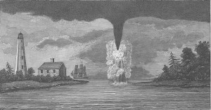 6. The only known image of the original lighthouse on Bald Head Island, North Carolina. Pen and ink drawing, “A View of a Waterspout Seen at the Entrance of Cape Fear River July 24, 1806,” artist unknown. Courtesy of Old Baldy Foundation, Inc., Bald Head Island, N.C.