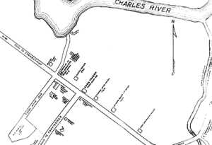 Fig. 3. Map of Dedham before 1775 showing location of Ames's tavern at the town's center (from Samuel Briggs, ed., The Essays, Humor, and Poems of Nathaniel Ames, 1891). 