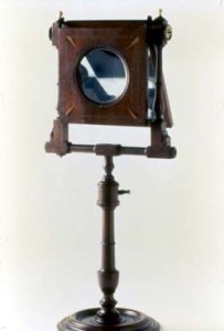 Fig. 2. Perspective glass or "zograscope," c. 1780-1800, glass, mahogany with inlay, brass and ivory, 27 1/2 x 12 1/2 in. Courtesy of Winterthur Museum.