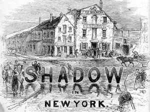 Exhibit B. Frontispiece (detail), Matthew Hale Smith, Sunshine and Shadow in New York (1868). Converted from a warren of dark apartments into a Methodist mission, the infamous Old Brewery dominated Paradise Square, the heart of the Five Points district, until it was demolished in 1852.