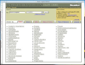 Fig. 7. Evans Digital Edition's stylish main page. Patrons may search in a variety of ways—this page requests all materials authored by Benjamin Franklin.