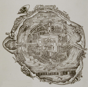Map of Tenochtitlan, possibly made for Cortes. Woodcut from Praeclara Ferdinandi Cortesii de Nova Maris Oceani Hispania Narratio, Nürnberg, 1524 (first publication of Cortes's letters.) Courtesy of the New York Public Library.