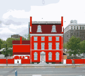 Fig. 1. Conjectural elevation of Presidents House and photograph of present-day Market Street, © 2003 Edward Lawler Jr. Courtesy of ushistory.org.