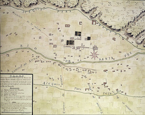 Fig. 1. Plano de la Villa de Sante Fe. Courtesy of the British Library; further reproduction prohibited. The earliest known map of Santa Fe, drawn by Joseph de Urrutia in 1767. The Governor's Palace is marked with the letter B, and the open square south of it is the present town plaza. The original plaza of 1607 was long and rectangular, extending from the front of the Governor's Palace all the way east to the parish church, marked A on the map.