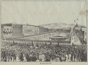 Fig. 4. Execution of James P. Casey and Charles Cora by the Vigilance Committee, May 22, 1856. This image was part of a lettersheet on the assassination of James King of William and its aftermath. San Franciscans used lettersheets to keep correspondents back home up-to-date on exciting events in San Francisco. Notice the presence of women in shawls and bonnets in the foreground. Courtesy of the Bancroft Library, University of California, Berkeley. From the Robert B. Honeyman Jr. Collection of Early Californian and Western American Pictorial Material, BANC PIC 1963.002:0001-B.