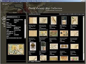 Fig. 2. Group window of the online collection, including thumbnails, data, and searching features Because I wanted to record these relationships and other information about the maps as I collected them, I used a catalog database. The database not only preserved important information about the collection, but also allowed me to shape the growth of the collection with truly contextual collecting–seeing the relationships between the collected maps by subject, graphic type, time period, author or publisher, or geographic location. The use of a catalog database allowed me to see the collection in a data space and this allowed the shaping of the collection into a coherent whole. It also laid the groundwork for building the online collection, although I did not realize that until much later, when the Internet came into existence. Beyond atlases, the collection consists of individual maps, globes, puzzles, books with important maps (such as Lewis and Clark’s published accounts), charts, and cartography in ephemera and unusual forms. Maps by their nature connote many forms of expression: William Henry Holmes’s 1882 topographic drawing of the Grand Canyon is as much art as it is a map, and Samual McCleary and William Pierce’s 1850 wood puzzle titled, Geographical Analysis of the State of New York, is the earliest known map and children’s puzzle in the United States. It was a tool for teaching geography. Maps were also used in historical accounts: a large number of exploration books, government documents, and reports are part of the collection. They detail the official exploration and surveys used to map the United States as it expanded westward. Fig. 3. The Image Workspace window, where maps can be enlarged and compared One of the special gems in the map library is John Melish’s Map of the United States published in 1816. This was the first large map to show the United States from coast to coast, and is considered a precursor of the later popular notion of Manifest Destiny. Melish was also a cartographic poet who, on the map, described the Texas panhandle as "Immense Plains of light salt sand mixed with fragments of Snail shells, moved with the wind, discovering Peaks of Volcanic Rock." To make the collection available to a larger audience, I first considered publishing a print catalog, using the collection database as the source. However, this option would not allow people to truly study the original maps. With my growing interest in software and the Internet, around 1997 I decided to create a software program that would display my collection via the Internet, through collaboration with Luna Imaging. Placing the collection online and adding Internet GIS capability was no small feat. The site required years of time-consuming and careful scanning, experiments with several display and Web technologies, and GIS integration. During this time, I began the arduous process of converting historical materials to high-quality digital images, and converting my existing database catalog to an online catalog of my map library. My database catalog contains a detailed compendium of cartographic materials and notes to connect the items. This record was quite useful in developing the online cataloguing system during the scanning process. Complete atlases were scanned, as were covers for pocket maps, puzzles, and their cases. Folding globes were shown compressed and then opened, and maps were shown enclosed within books. Each subset or group within the collection has a unique number to tie all of its components together. Individual items in the group have derivations of the unique number, and by numbering each record sequentially, the items appear together and in the correct order. Thus, if one searches for an entire atlas, all of the pages will come up together and in the proper order. In addition, when browsing, the cover for a map will appear next to the map itself. I was also able to create digital composite images of maps that were intended to be joined by the cartographer and engraver but were separated in the bound books. An example is Henry Popples’s 1733 Atlas of the British Empire in America. On March 15, 2000, the map library site was launched on the Internet with more than twenty-three hundred maps. The number of visitors to the site in the first few months was astonishing: we averaged over ten thousand visitors a day. Feedback from users was immediate and revealed that a number of K-12 teaching resource groups, Civil War buffs, university map libraries and history departments, home schoolers, and the general public were keenly interested in this type of online library. Since the launch date over two million people have visited the site and used its resources. By 2001, I was working with Telemorphic, Inc., a GIS software developer, to modify their Web browser for general image analysis and visualization. We specifically tailored the software to allow people to see four different maps at the same time. The Quad View feature enables people to view a historical map next to other historical maps as well as contemporary satellite imagery or modern raster and vector data of the same area. Fig. 4. David Rumsey preparing a map for scanning We decided to use the most readily available source of current map data: the United States Geological Survey (USGS). In addition, we faced another technical limitation in not being able to integrate current data with the thousands of maps on the site all at once. As a result, we decided to develop the Web GIS on a city-by-city basis, then move on to regional, state, and county levels. We focused on the San Francisco Bay Area first, obtaining digital orthophotos, topographic map sheets, digital elevation models (DEMs), and satellite imagery from the USGS Bay Area Regional Database. We quickly learned that just having the data wasn’t sufficient. We needed to rectify the digital images of the historical maps to an accurate geographic basemap so that they had common reference frames. This process of "warping" historical maps to modern geographic reference data was challenging. Many historical maps were created before the availability of modern mapping and surveying technologies, and some of the items were tourist maps that were visually surveyed or based on an artist’s rendering. Fig. 5. The GIS Quad Viewer showing the same part of San Francisco's Golden Gate Park. Clockwise from lower left: a 1915 map, a modern USGS map, an 1869 map, and a modern aerial photo. By December 2001, we had completed integration of eleven different maps of the San Francisco Bay Area, from the mid-1800’s through early 1900’s. Soon thereafter, we added Boston, Massachusetts, and Washington, D.C. The site has a basic and professional GIS interface intended to allow people of various skill levels to move easily through a series of visualization processes and create, save, and print their own custom maps. Users can also download new image products with complete georeferencing information (world files) for integration into their preferred desktop GIS package. Adding the GIS feature to the online collection is giving mapping professionals a unique opportunity to learn from the past. Stephen Skartvedt, a GIS specialist for the Golden Gate National Recreation Area, sees many advantages of the new GIS site for his organization. Because Golden Gate Park is now, to a large extent, an island surrounded by development, Skartvedt says the historical maps provide visual confirmation of the value of protected land and show the pace of development in a typical urban setting. Being able to share historical maps across the Web in an interactive environment has proven more rewarding then initially imagined. Response from cartographers, geographers, and GIS professionals has been very enthusiastic. The latest new dimension to the online GIS experience is three-dimensional viewing and fly-through sequences. Visitors can now fly-through parts of California in the late 1800’s such as Yosemite Valley and Los Angeles in 1883, and Lake Tahoe in 1876. Expansion of the current GIS data sets will continue, adding more cities and more historical detail, such as fire and insurance maps and hand-drawn land parcel/ownership maps, along with more current satellite and aerial imagery, topographic map data, and detailed street information. We also plan to increase the level of interoperability between the site’s Luna Imaging browser and the GIS service, so that users can click on a spatial feature in the GIS view and immediately launch the image browser to see a corresponding map or drawing with more detail. Fig. 6. Images showing the creation of a 3D Map of Yosemite Valley. Clockwise from lower left: a modern digital elevation model (DEM) of the valley, the 1882 Wheeler survey of the valley, a 3D image resulting from combining the DEM and the historic map, and a detail of the 3D historic map. Soon people will browse multiple map collections at once, comparing maps from widely dispersed institutions in a common Internet space. Currently, I am working with several major public map collections interested in achieving this broad goal. One of these joint ventures is with the University of California at Berkeley. A collaboration with the University of California’s East Asian Library has made their collection of rare and fragile historic maps of Japan, some of which date back as far as four centuries, available. More than two hundred maps, including examples of rarely seen woodblock print maps of the ancient city of Edo, modern-day Tokyo, are now available online. Thirteen of the Tokyo maps, dating from 1680 to 1910, were also added to the GIS browser. Additional historic maps of Osaka, Japan, and Kyoto, Japan, have been added to the site as well. I am also working to establish many different ways that the online map collection can be found and accessed by users. We have contributed most of our records to the Open Archive Initiative. Several OAI based search engines are developing, an example being the University of Michigan’s OAIster, where our maps can be found along with millions of other documents and images. Our records and images can also be found on popular search engines like Google. We create automatically an individual Web page for each of our records, and the Google data "spiders" catalog and index these records. Google currently has over sixty-five hundred record pages from my site. We contribute our data to the ESRI Geography Network, a shared GIS database, and to the ECAI Meta Data Clearinghouse, a GIS database for historians. With the help of the University of California, we are putting all our records with links to the map images into the OCLC catalog, where they can be downloaded and added to library OPACs–UC Berkeley has added over forty-five hundred of our records to their online catalog. We will continue to add new ways for people to find and intersect with our information via the Web. Historical maps reveal amazing tales about towns, boundaries, politics, geographic features and early landscape values, and how they changed or vanished with modern development. The very existence of high-resolution map imagery on the Web will bring these beautiful and important materials to the attention of the general public and scholars in ways that have not been possible before. Thanks to the Web and GIS, historians, artists, geographers, cartographers, and others can reconsider their understanding of history. this issue home Discuss this article in the Republic of Letters 