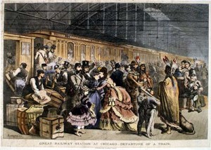 Fig. 1. Engraving from Appleton's Journal, 1870: Great Railway Station at Chicago–Departure of a Train. Courtesy of Chicago Historical Society, ICHi-35823.