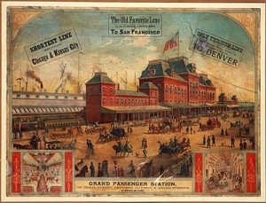 Fig. 3. Railroad poster: Grand Passenger Station on Canal Street between Madison and Adams, Chicago, Ill. Courtesy of Chicago Historical Society, ICHi-35603. 