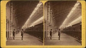 Fig. 4. Stereograph: Interior View, Lake Shore and Michigan Southern Railroad Depot. Photograph by Lovejoy & Foster. Courtesy of Chicago Historical Society, ICHi-05326.