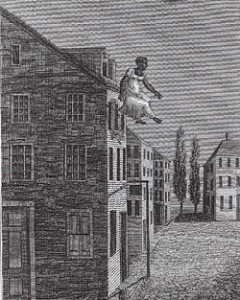 Fig. 2. Having been separated from her husband, this slave woman unsuccessfully attempted suicide to avoid transportation to Georgia. A caption reads, "[B]ut I did not want to go, and I jump’d out of the window." Detail from Jesse Torrey, A Portraiture of Domestic Slavery, in the United States . . . (Philadelphia, 1817). Courtesy of the American Antiquarian Society.