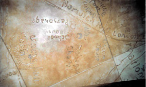 Fig. 2. Samson Occom's house and the Mohegan Congregational Church chapel appear in a giant historical reservation map on the wall of the Mohegan Territory Diner at the Mohegan Sun casino. Courtesy of Mohegan Sun Casino.