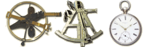 Fig. 3. Examples of the kinds of instruments used by Frémont, from left to right: a reflecting circle, a sextant, and a chronometer. Courtesy Bob Graham, www.longcamp.com.