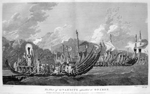Fig. 1. "The Fleet of Otaheite Assembled at Oparee." Plate 61, painted by W. Hodges and engraved by W. Woolett in Plates for Cook's 2nd Voyage, 1772-75, by James Cook (London, 1780). Courtesy of the American Antiquarian Society.
