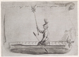 Fig. 4. "An Aleut in his baidarka." From a drawing on the chart of the voyage of the St. Peter, by Sven Waxel and Sofron Khitrov, 1744, in the Archives of the Hydrographic Section of the Ministry of Marine, Petrograd. From Frank A. Golder, ed., Bering’s Voyages, vol.1 (1922), opposite page 149. Courtesy the American Antiquarian Society.