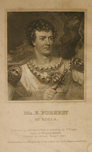Fig. 1. "Portrait of Mr. Forrest, in the Character of Rolla"; frontispiece from Richard Brinsley Seridan, adapt., Pizarro (Philadelphia, 1827), engraved by A.B. Durand from a painting by J. Neagle. Courtesy of the American Antiquarian Society.