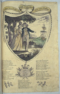 "The Sailors Departure from his true love Susan," title of a song in five stanzas. Engraved sheet, 28 x 18 cm (London, s.n., 179-). The American Antiquarian Society copy is bound together with six other engraved English sheets (some published by John Evans in 1791 and 1792) in the Isaiah Thomas Collection of Broadside Ballads, vol. II, no. 112. Courtesy of the American Antiquarian Society, Worcester, Massachusetts.