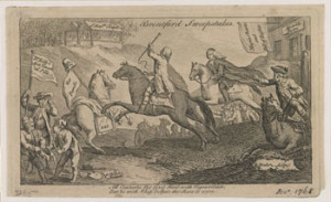 Fig. 1. The earliest visual representation of the sporting metaphor, this cartoon depicts the 1769 Brentford election as a race led by the riderless horse of John Wilkes, a popular political leader in London whom Parliament refused to seat despite his victory because he had not yet faced outstanding charges of libel for his satirical writing. "The Brentford Sweepstakes," artist unknown, Town and Country Magazine (April 13,1769). Courtesy of the Library of Congress, Washington, D.C. Click on image to enlarge in new window.