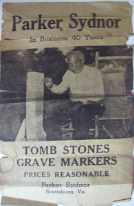 Fig. 2. Newspaper publicity of the Parker Sydnor tombstone business, circa 1940. Parker Sydnor's tombstones are still standing in Mecklenburg and Halifax counties' church cemeteries that include the old cemetery of White Oak Fork Baptist, St. Matthew Baptist, and Spanish Grove Baptist. Courtesy of the author. Image digitalized by Glenn E. Reyes.