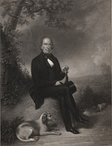 Fig. 4. This engraving of Henry Clay sitting in front of his Kentucky estate, Ashland, helped to popularize his image before the 1844 presidential election. "Henry Clay," mezzotint, painted by J.W. Dodge, 1843. Engraved on steel by H. S. Sadd, printed by J. Neale (New York, 1843). Courtesy of the American Antiquarian Society, Worcester, Massachusetts.