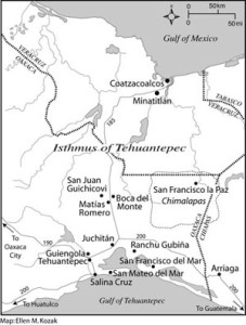 Fig. 4. Contemporary map of the Isthmus of Tehuantepec. Map copyright Ellen Kozak, 2008, used with permission.