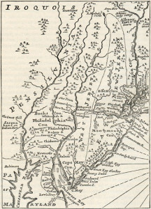 Upon his arrival with other indentured servants in the port town of Newcastle in 1728, Annesley was sold to Duncan Drummond, a small-time merchant-farmer who resided in northwestern Delaware. Early Map of the Province of Pennsylvania, David Humphreys, 1730, page 92 of An Illustrated History of the Commonwealth of Pennsylvania, William H. Egle (Harrisburg, Pennsylvania, 1872). Courtesy of the American Antiquarian Society, Worcester, Massachusetts.