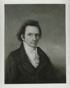 This is a monochrome print of Audubon's only known self portrait in oils (12.5" X 10" oil on canvas). The original is in the Patricia Rinehart Barratt-Brown Collection, in New York. The late historian John F. McDermott pointed out that this portrait, purportedly painted by Audubon in 1821 as per his journal, was executed with greater skill and technique than two portraits of his sons that were produced the same year. In 1824, Audubon gave the portrait to Reuben Haines, "… on condition that he should have it copied ...", so there is reason to suspect that the portrait pictured above is the copy, and the original painting has been lost or destroyed. Courtesy of the Academy of Natural Sciences of Drexel University (ANSP Archive Collection 457).
