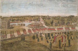 Fig. 2. "A View of the Town of Concord," Amos Doolittle, after Ralph Earl, 1775. The Doolittle Engravings of the Battles of Lexington and Concord in 1775. Amos Doolittle's engraving shows British soldiers surrounded by large slate gravestones in Concord's Old Hill Burying Ground. The hilly topography of the graveyard made it an ideal place for lookouts, but the shifting earth, steep grade, and constant erosion means that many of these stones are in frequent need of repair. Courtesy of the Print Collection, Miriam and Ira D. Wallach Division of Art, Prints and Photographs, The New York Public Library, Astor, Lenox and Tilden Foundations.