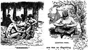 Fig. 4a, 4b. Neither book shied away from depicting unpalatable activities in both print and illustration, like these two sketches of soldiers hunting for lice. George Coffin from Si Klegg at left, and Charles W. Reed from Hardtack and Coffee at right). Courtesy of the author.