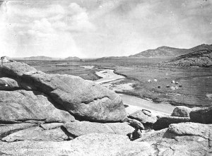 "Looking east down the Sweetwater from the top of Independence Rock." One knows without thinking that the rock is rough to the touch and warm from the sun. W. H. Jackson photo, courtesy of the USGS archives.