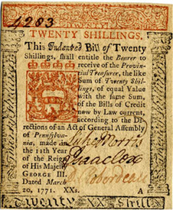 Front of bill for twenty shillings. Pennsylvania, March 20, 1771. Courtesy of the American Antiquarian Society.