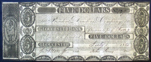 Fig. 1. An 1814 five-dollar bill for the Gloucester Bank, a typical Perkins product. Courtesy of the National Numismatic Collection, Smithsonian Institution. Photo by the author.