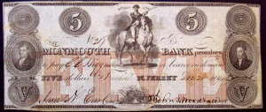 Fig. 4. A note from the Monmouth Bank, showing cautious experiments with the application of a second color, typical of the 1840s. Courtesy of the National Numismatic Collection, Smithsonian Institution. Photo by the author.
