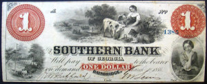 Fig. 5. A note from the Southern Bank of Georgia is a typical product from the 1850s, a decade which saw an expansion of the use of the second color and a new confidence and quality of engraving. Courtesy of the National Numismatic Collection, Smithsonian Institution. Photo by the author.