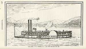 "Steamer J. M. White, No. 2; or the White of 1844," from Fifty Years on the Mississippi, or, Gould's History of River Navigation by Emerson W. Gould, 1889. Gould reports, "There were three steamboats named J. M. White . . . The second J. M. White was built by Capt. J. W. Converse at Pittsburgh in 1843 . . . She proved to be the most extraordinary steamboat of her day in the way of speed. She made the run from New Orleans to St. Louis in 1844. Time—3 days, 23 hours and 23 minutes. This time was not beaten until 1870, 26 years afterward." Image courtesy of the American Antiquarian Society.