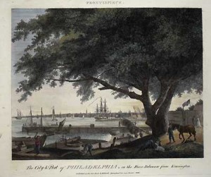 Fig. 8. Philadelphia modernity. "The City and Port of Philadelphia, on the River Delaware," engraved by Thomas Birch. Frontispiece from The City of Philadelphia in the State of Pennsylvania, North America, as it appeared in the Year, 1800, published by W. Birch (1800). Courtesy of the American Antiquarian Society.
