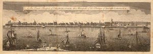 An Exact Prospect of Charlestown, the Metropolis of the Province of South Carolina, engraved for the London Magazine (1762). Charleston’s quayside is seen from across the Cooper River. On the left, a battery defends the town against attack from the sea. Upriver, piers jut out into the stream to allow ocean-going ships to load up with rice. Back from the wharves and warehouses were the principal streets of the "Metropolis of the Province," where the great planters resided for most of the year. "An European at his first arrival must be greatly surprised when he sees the elegance of their houses, their sumptuous furniture, as well as the magnificence of their tables; can he imagine himself in a country, the establishment of which is so recent?" Courtesy of the American Antiquarian Society, U.S. Views Collection.