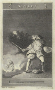 "Hamlet and Ghost" (Act I, Scene V), drawn by Philippe Jacques de Loutherbourg and engraved by P. Maverick and Durand, from The Dramatic Works of William Shakespeare with the Corrections and Illustrations of Dr. Johnson, G. Steevens, and Others (revised by Isaac Reed, Esq.), 1818. Courtesy of the American Antiquarian Society.